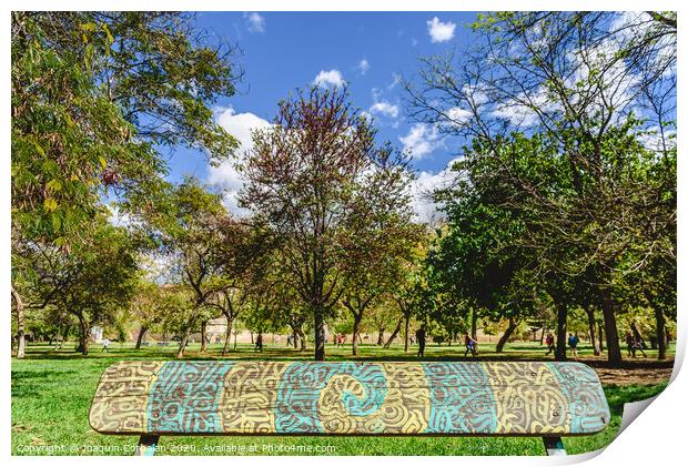 Wooden bench to rest decorated with a beautiful design of labyrinthine lines in a public garden. Print by Joaquin Corbalan