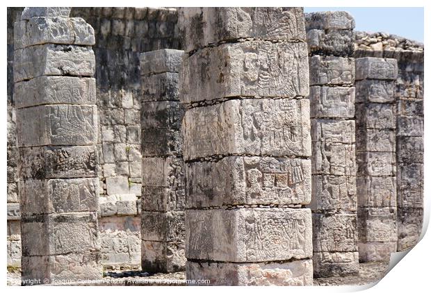 Carved stone columns with Mayan images in Chichen Itza, Mexico. Print by Joaquin Corbalan