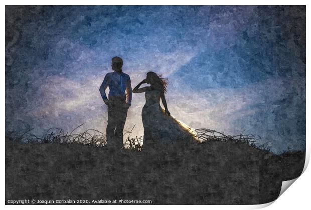 Newlywed couple after their wedding at sunset, digital art oil painting from a photograph. Print by Joaquin Corbalan