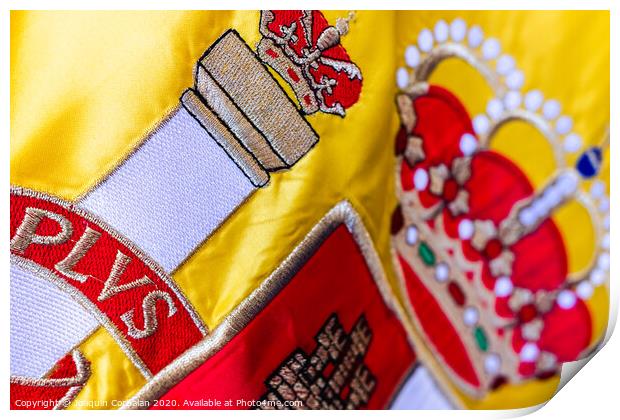 Detail of the historical shield of the national flag of Spain. Print by Joaquin Corbalan