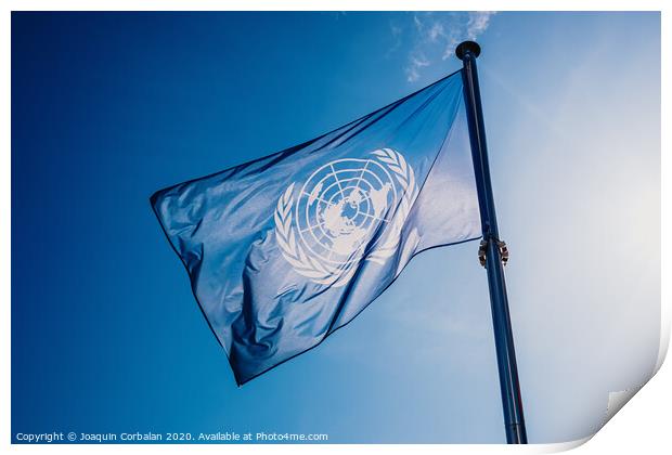 UN flag waved against the sun and blue sky. Print by Joaquin Corbalan