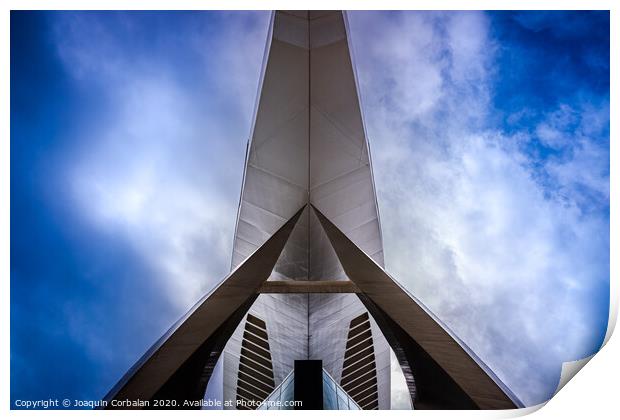 Modernist building with futuristic space design seen with the background of a dramatic blue sky. Print by Joaquin Corbalan
