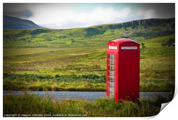 Typical red English telephone box in a rural area near a road. Print by Joaquin Corbalan