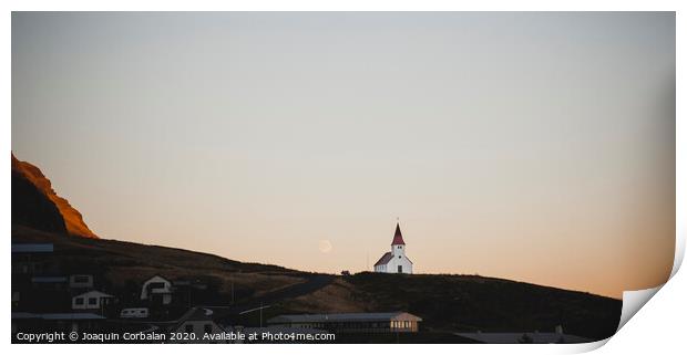 Church on top of a hill and under a mountain, with the moon in the background. Print by Joaquin Corbalan