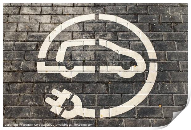 Roadsign of free electric car charging station in a European supermarket parking lot. Print by Joaquin Corbalan