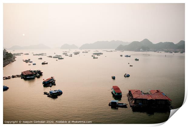 Vietnamese bay with boats plying the sea between mountains and rocks at sunset Print by Joaquin Corbalan