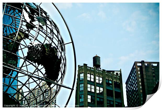 New York, USA - October 5, 2018: Sculpture on Columbus Circle with view of water reservoirs of nearby buildings. Print by Joaquin Corbalan