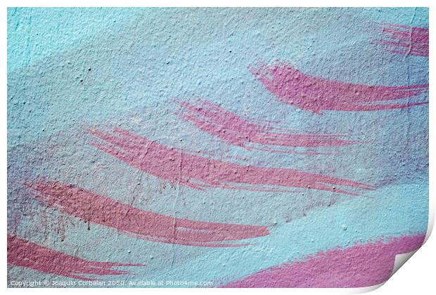 Pink brush strokes on blue painted wall. Print by Joaquin Corbalan