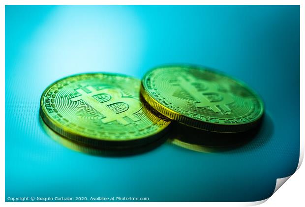 Two cryptocurrencies golden bitcoin, new economy, with negative space. Print by Joaquin Corbalan