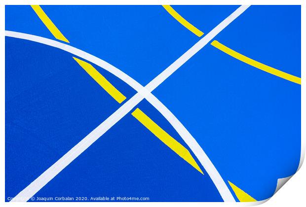 Design of a sports field, with blue background and red and yellow white lines creating strange straight lines and curves, to use with copy space. Print by Joaquin Corbalan