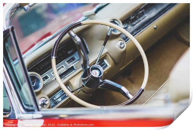 Valencia, Spain - July 21, 2012: Dashboard and steering wheel of a luxury vintage car, an American Mustang. Print by Joaquin Corbalan