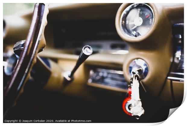 Valencia, Spain - July 21, 2012: Interior and dashboard of an American vintage car, currently rented for events. Print by Joaquin Corbalan
