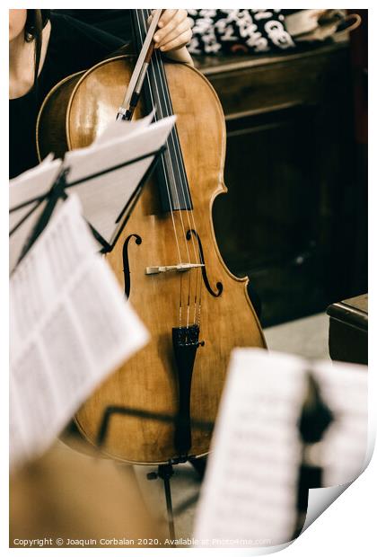 Violoncello held by a musician during a break at a classical music concert. Print by Joaquin Corbalan