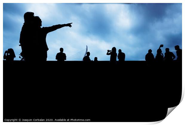 Silhouette of unrecognizable people pointing with a dark background. Print by Joaquin Corbalan