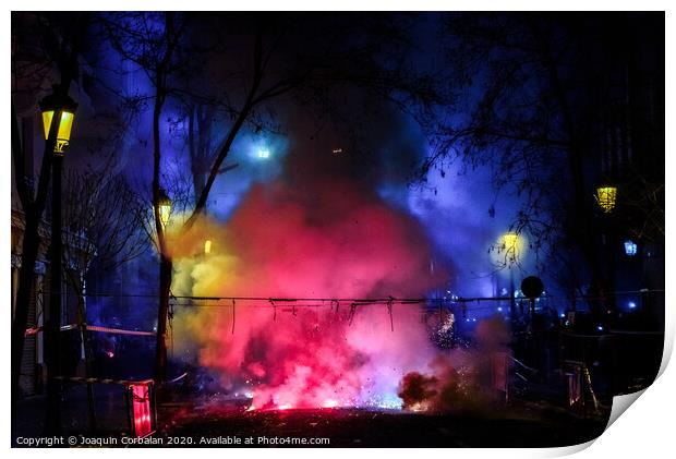 Colorful mascleta full of firecrackers and fireworks with lots of smoke and sparks. Print by Joaquin Corbalan