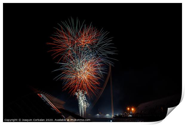 Colorful fireworks over the night city, free black space for text. Print by Joaquin Corbalan