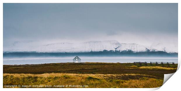 Icelandic landscapes full of green grass, sea and blue sky. Print by Joaquin Corbalan