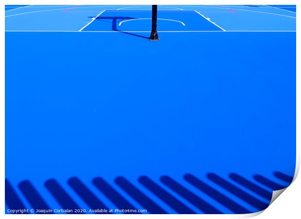 Floor background of an intense blue sports field with white lines. Print by Joaquin Corbalan