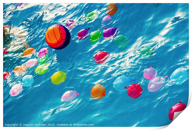 Group of many colorful plastic water balloons floating in the water of a pool to entertain their children on summer vacations. Print by Joaquin Corbalan