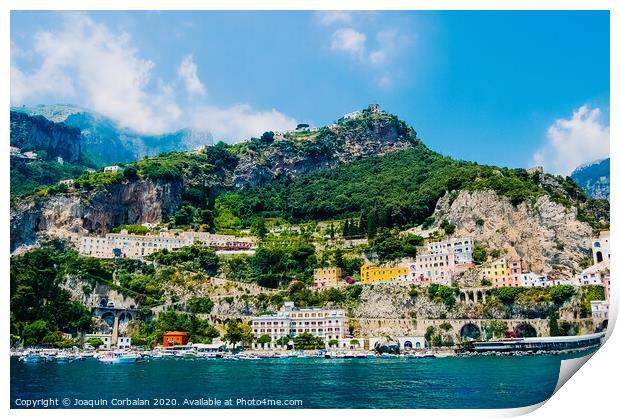 View from the sea of this picturesque Italian Mediterranean city, with old and colorful houses built on the side of a hill. Print by Joaquin Corbalan