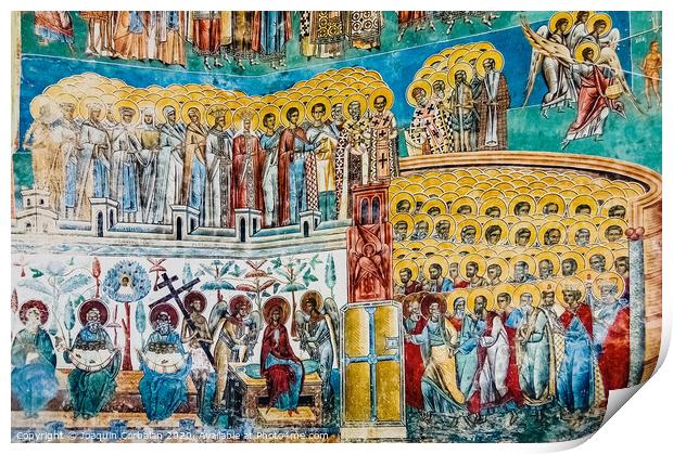 Paintings in frescoes of religious, colorful motifs, in Orthodox Christian monasteries of Bucovina. Print by Joaquin Corbalan