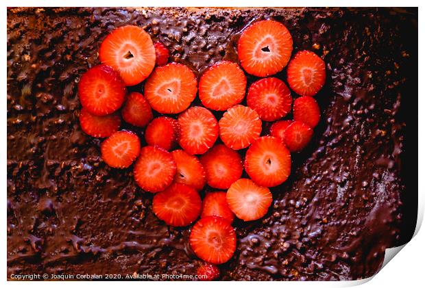 Sliced strawberry cut on a cake on a tray before baking it, with a heart shape. Print by Joaquin Corbalan