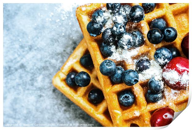 Close-up of a waffle with blueberries for breakfast during a vacation at a vegetarian restaurant. Print by Joaquin Corbalan