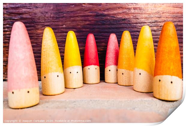 Set of colored wooden conical fish toys for unstructured children's games. Print by Joaquin Corbalan
