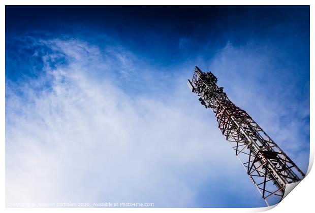 A tall modern communications tower provides telecommunications service to a city, negative space on blue background. Print by Joaquin Corbalan