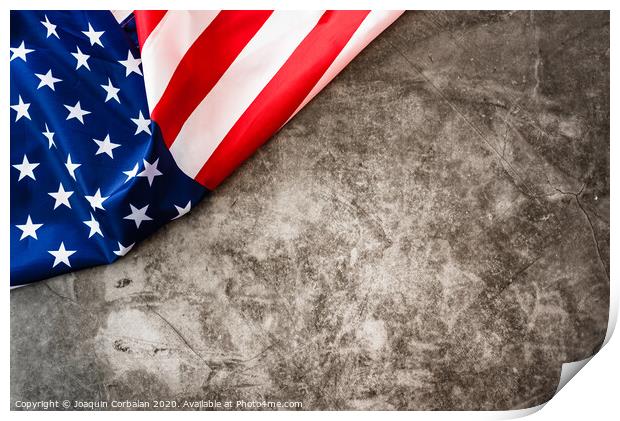 Striking colored American flag isolated in a corner on a stone gray background. Print by Joaquin Corbalan