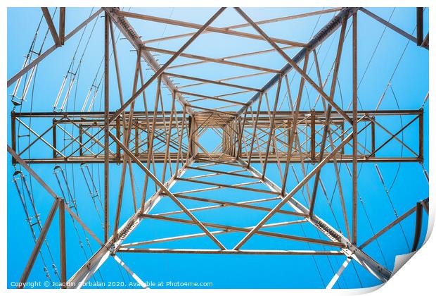Electricity is transported by thick cables attached to metal towers. Print by Joaquin Corbalan