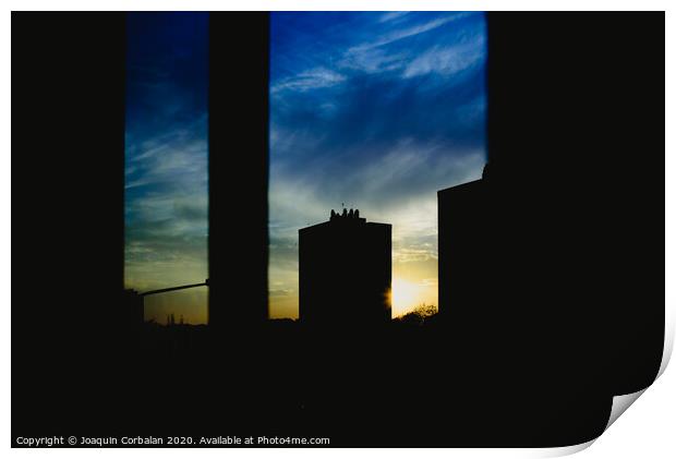 Sunset view from the window of a building, warm and melancholic atmosphere with cloud background. Print by Joaquin Corbalan