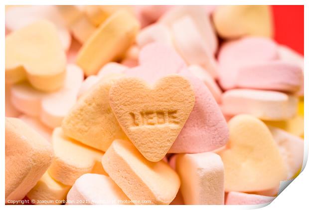 Word love written in German on a candy heart, sweet image for Va Print by Joaquin Corbalan