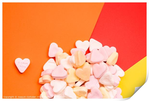 Word love in English on a candy heart, sweet image for Valentine Print by Joaquin Corbalan