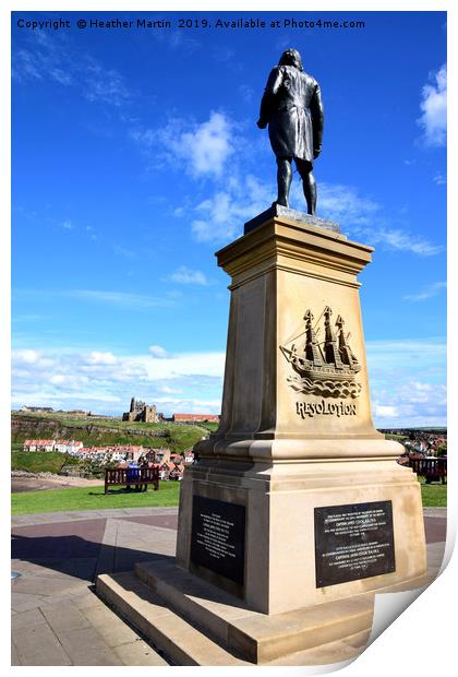 Captain Cook watching over Whitby Harbour Print by Heather McGow