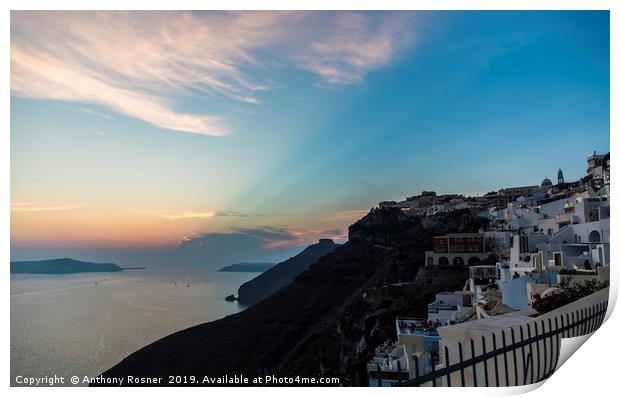 Sunset over Fira Santorini Print by Anthony Rosner