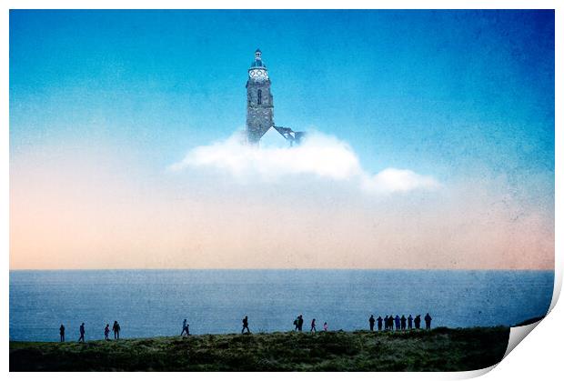 A magical concept. Of people looking at a tower floating  Print by David Wall