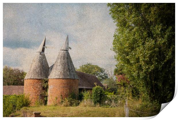 A farm in the countryside with an Oast House build Print by David Wall