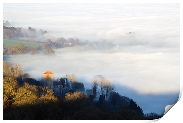 Looking down on Little Malvern Priory on a misty w Print by David Wall