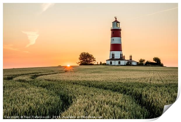 Happisburgh Lighthouse Sunset Over Field Print by Neal Trafankowski