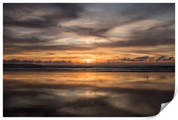 Moody sunset reflections at Westward Ho! Print by Tony Twyman