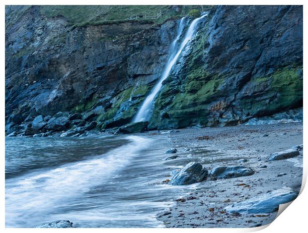 Tintagel beach waterfall Print by Tony Twyman