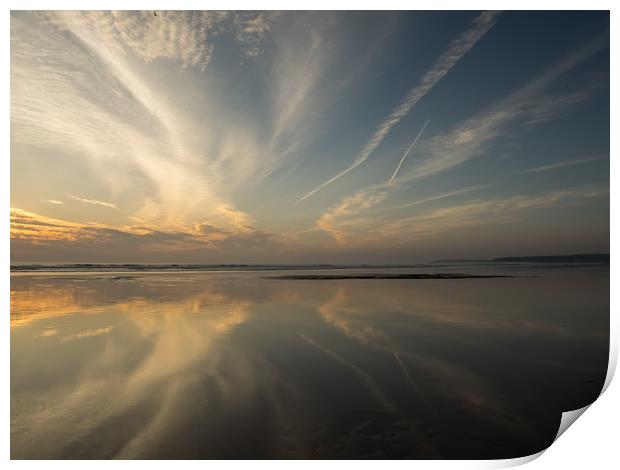 Devon beach Sunset on a reflective Westward Ho!  Print by Tony Twyman