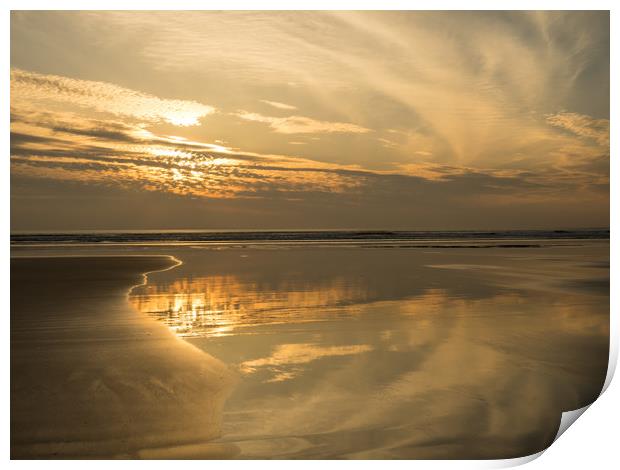 Westward Ho! reflective beach sunset in Devon Print by Tony Twyman