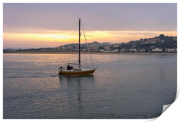 Yacht sailing towards Instow in Devon at Sunrise Print by Tony Twyman