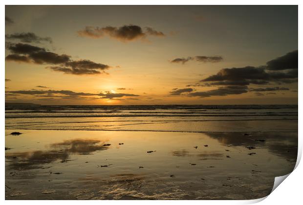 Reflective sunset at Westward Ho in Devon Print by Tony Twyman