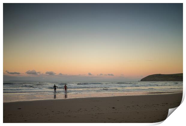 Croyde surfers at sunrise Print by Tony Twyman