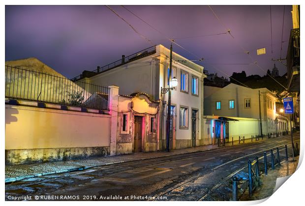 Foggy night and tram railways in Lisbon. Print by RUBEN RAMOS