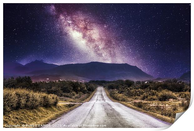 Countryside road with mountains and the milky way  Print by RUBEN RAMOS
