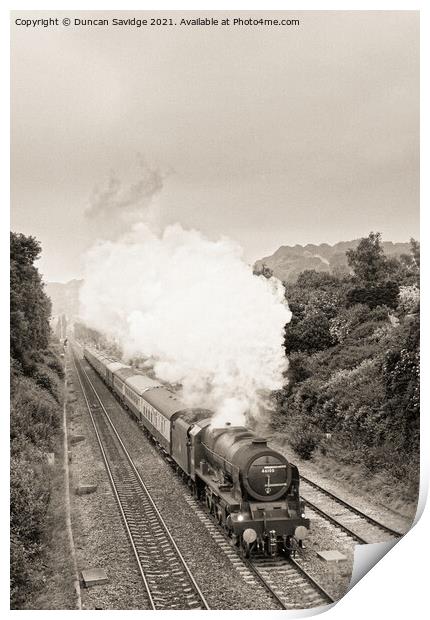 Royal Scot steam train leaves Bath Spa on a cold summers evening expresso black and white Print by Duncan Savidge